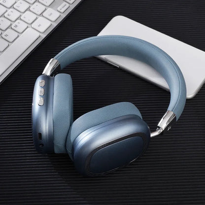 Bluetooth over-ear headset in dark black with 40mm subwoofer speaker, Type-C port, and PC ABS frame