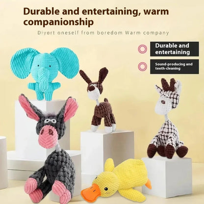 Bite-resistant puppy plush toy with relieving molar design in multiple animal styles including donkey and duck variations