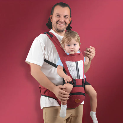 Waist stool baby carrier with 25cm seat supporting toddler, showing hip strap adjustment and weight distribution