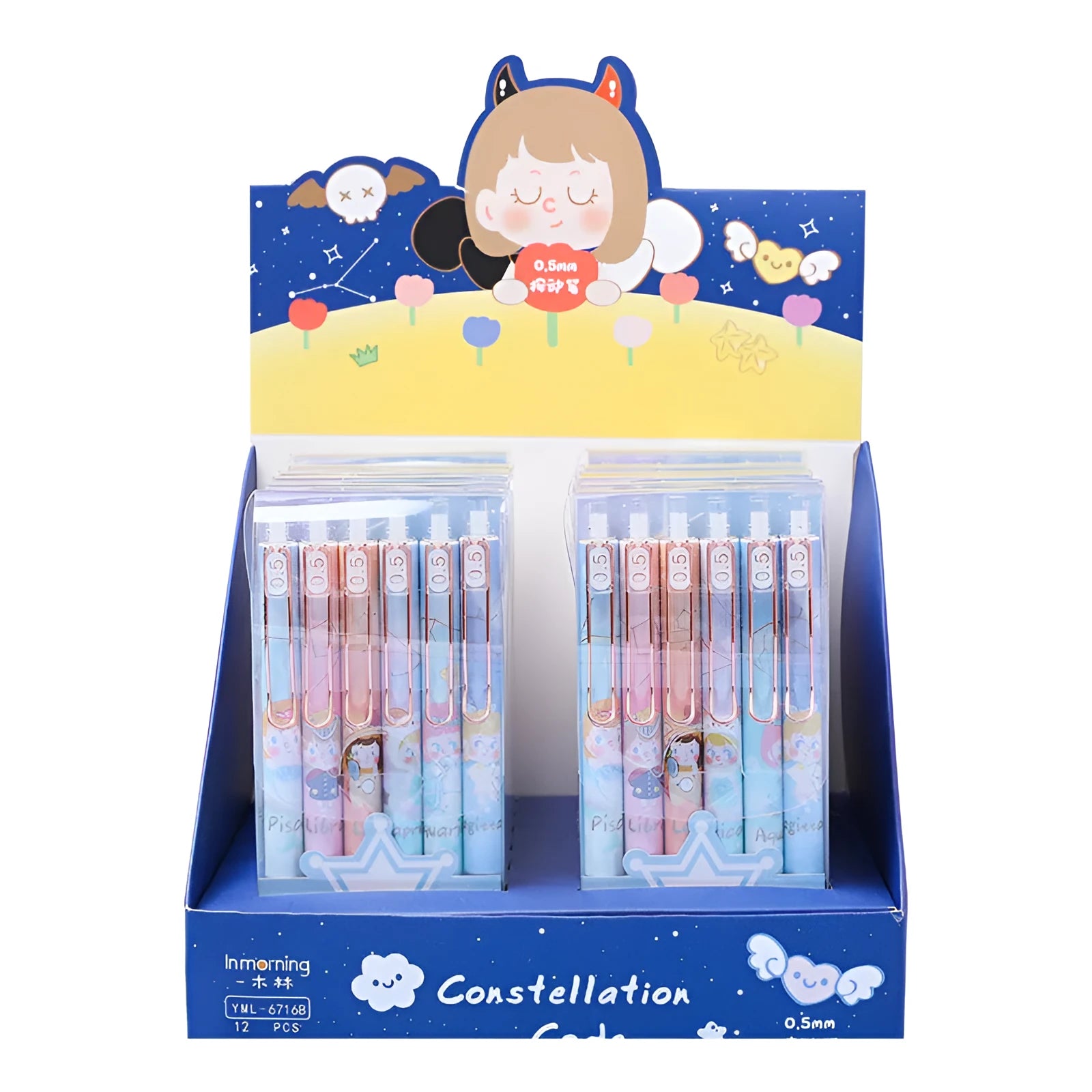 Set of six constellation-themed press gel pens with 0.5mm tips in two cartoon style choices.
