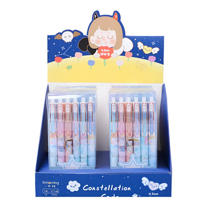 Set of six constellation-themed press gel pens with 0.5mm tips in two cartoon style choices.