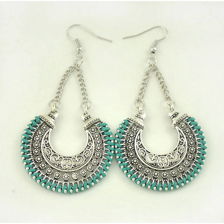 Bohemian Vintage Hand-Woven Rope Earrings with hollow-carved meniscus flower basket design