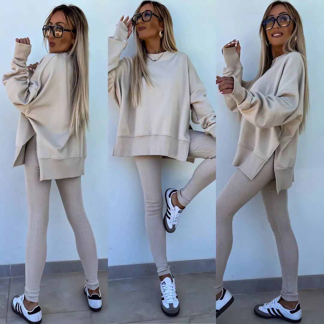 Women's casual sweater suit with long sleeve crew neck top and tight trousers in various colors