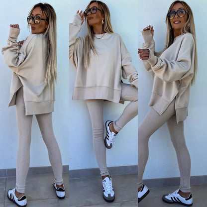 Women's casual sweater suit with long sleeve crew neck top and tight trousers in various colors