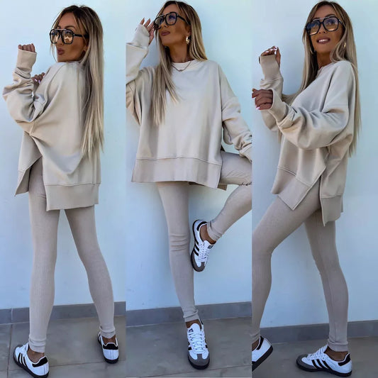 Women's casual sweater suit with long sleeve crew neck top and tight trousers in various colors