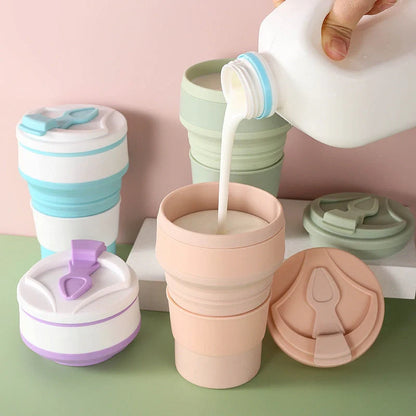 Collapsible silicone travel mug with leak-proof cover in various colors