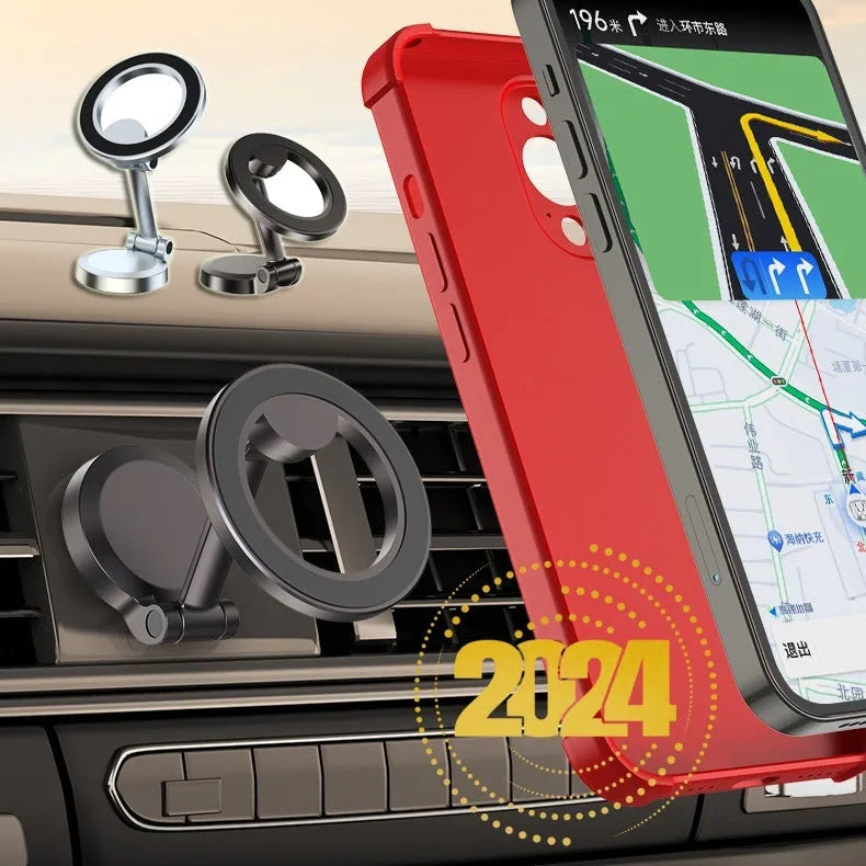 All-metal foldable magnetic car phone mount showing 360-degree rotation and dashboard mounting