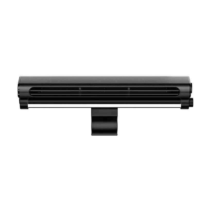 Black bladeless USB fan with lighting lamp clamped to laptop screen showing 32.5cm width