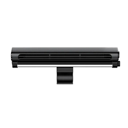 Black bladeless USB fan with lighting lamp clamped to laptop screen showing 32.5cm width