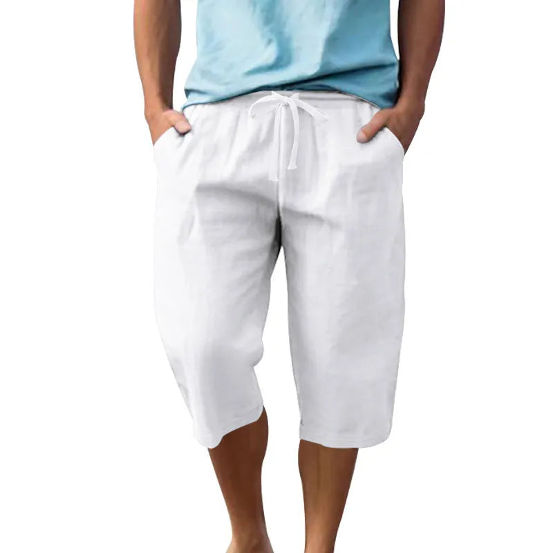 Men's casual linen shorts with drawstring waist available in eight colours including white, light blue, navy blue, Army Green, khaki, black, gray, and light khaki in sizes S to XXXL for leisure wear featuring a thin fabric and cropped length.