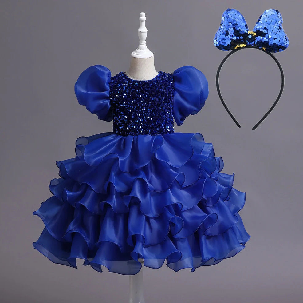 Blue sequin tutu dress with matching headband for girls birthday party, sizes 100-150cm