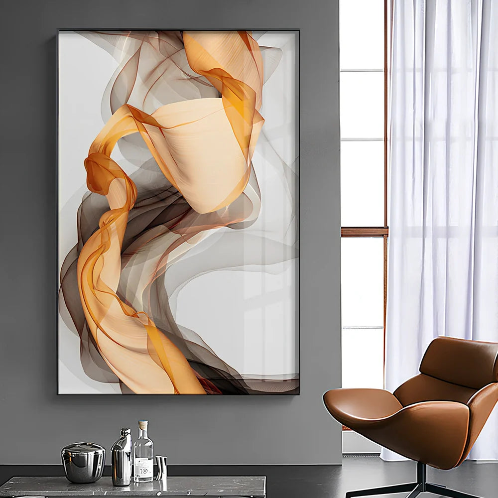 Three-piece abstract canvas painting set with yellow grey design in solid wood frame on white wall