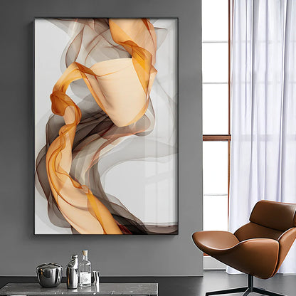 Three-piece abstract canvas painting set with yellow grey design in solid wood frame on white wall