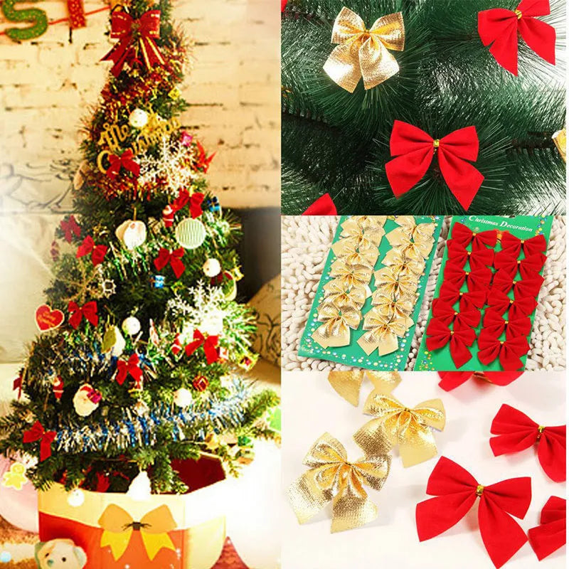 Polyester Christmas tree bow ornament in red, gold, and silver colours measuring 5 cm wide