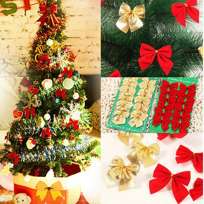 Polyester Christmas tree bow ornament in red, gold, and silver colours measuring 5 cm wide