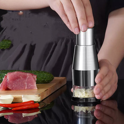 Stainless steel garlic crusher and onion chopper with food-grade plastic body