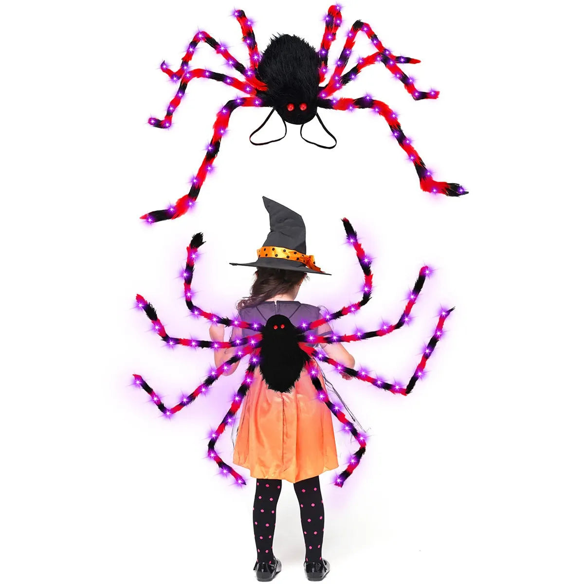 Halloween spider backpack with LED lights in plush material, available in multiple sizes and colours