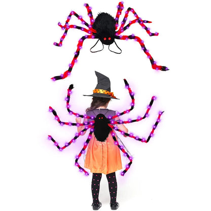 Halloween spider backpack with LED lights in plush material, available in multiple sizes and colours