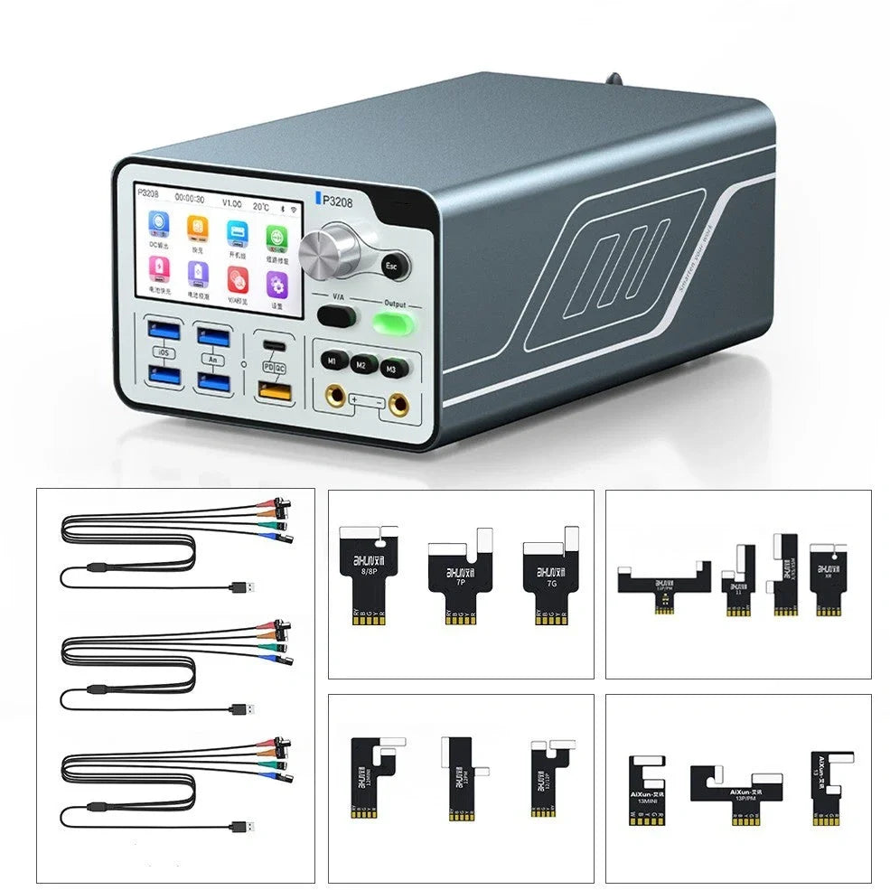 Smart voltage regulator power meter showing 3-inch display with power metrics and connection ports