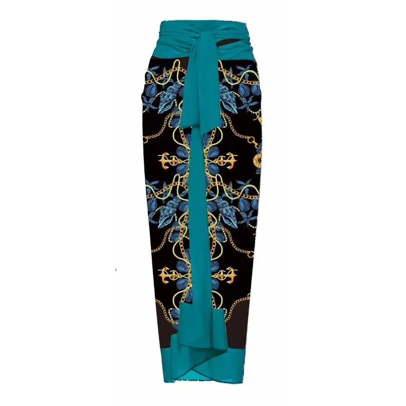 Women's polyester one-piece swimsuit in floral print with wrap skirt styling option
