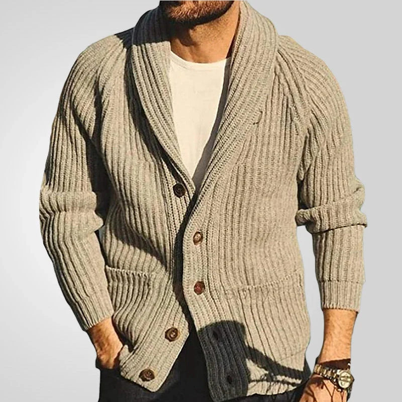 Men's knitted cardigan sweater in khaki color with button closure and pockets