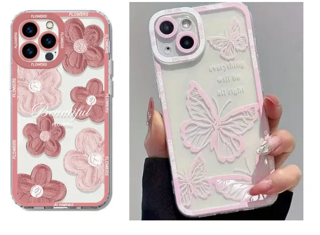 Transparent silicone phone case with oil painting flowers and light pink letter butterfly design for Apple iPhone.