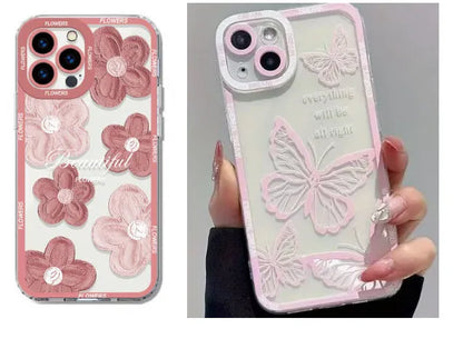 Transparent silicone phone case with oil painting flowers and light pink letter butterfly design for Apple iPhone.