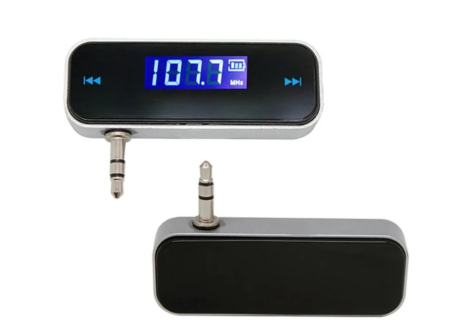 Black car FM transmitter with 3.5mm aux audio input, LCD display and PLL digital stereo, for Android phones and iPhones.