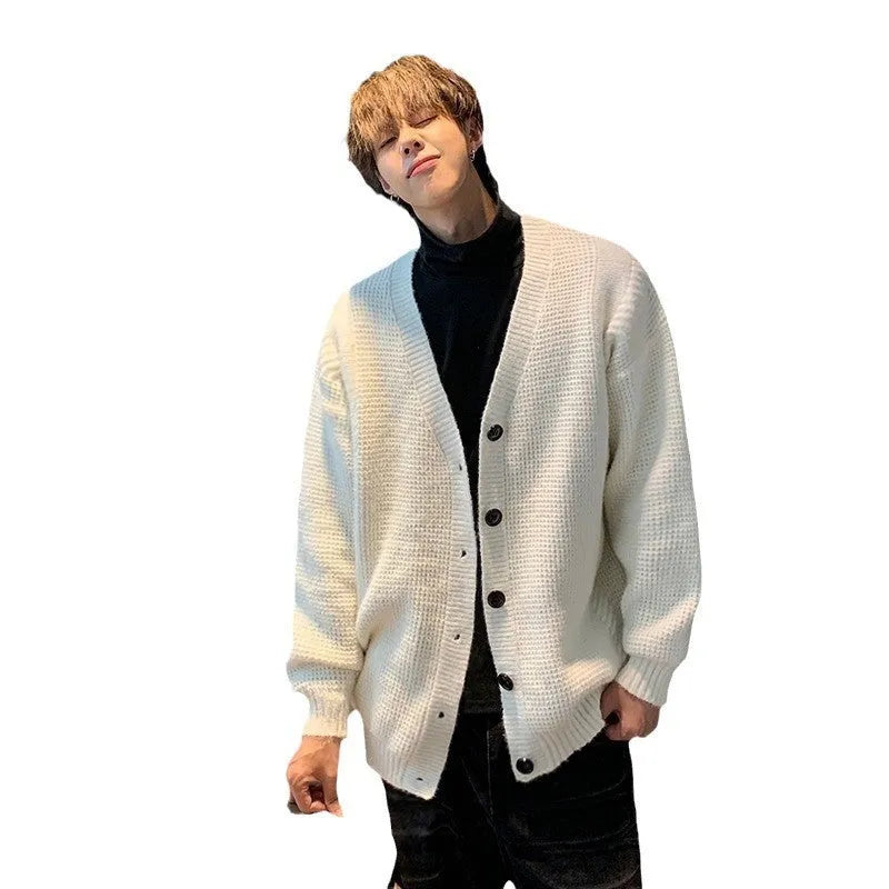 Men's loose fit V-neck cardigan sweater in army green, a cotton blend casual garment