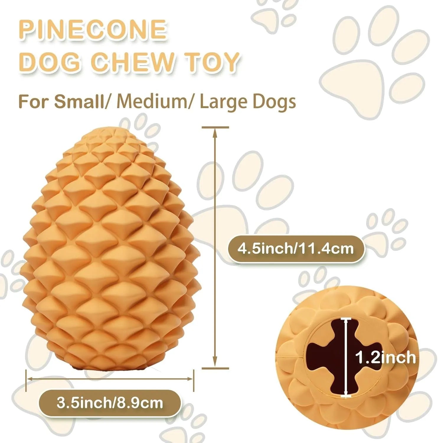 Pine cone-shaped yellow dog toy with treat dispenser, natural rubber construction, for medium to large breeds