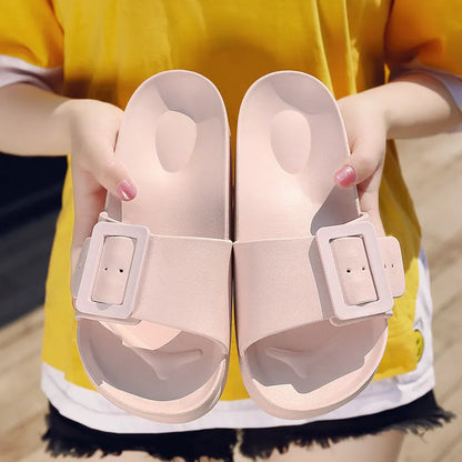Women's grey blue flip-flop slippers with adjustable buckle and 1.5cm EVA sole