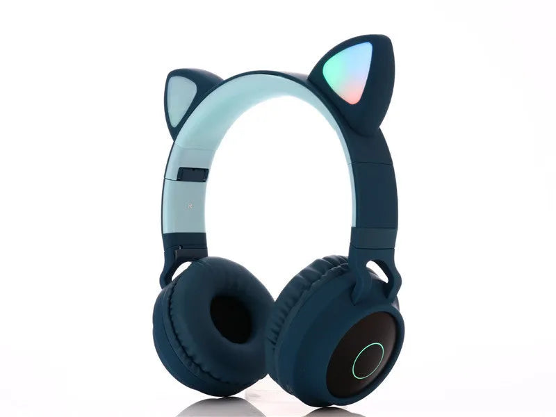 Cartoon cat ears wireless Bluetooth headset in green colour with head-mounted design for gaming