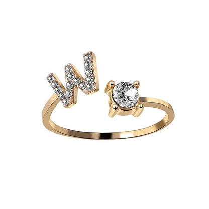 Personalized Initial Letter Adjustable Ring made of copper alloy and zircon, showcasing a vintage-inspired design