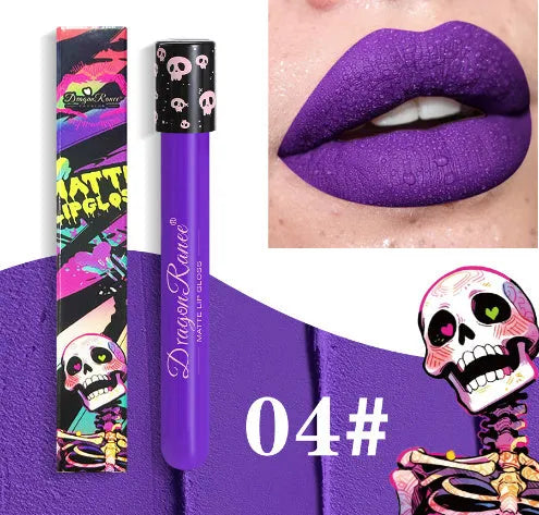 Halloween skull test tube lip gloss in gold and silver matte metallic shades showing doe-foot applicator.