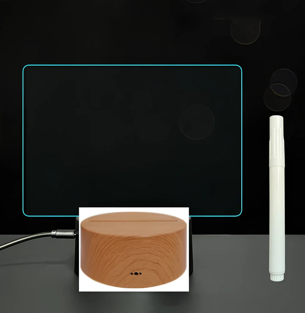 3D acrylic LED message board with touch controls showing illuminated writing on 3.5mm thick surface