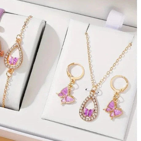 Elegant butterfly jewelry set including necklace, bracelet, and earrings with intricate design in various color options