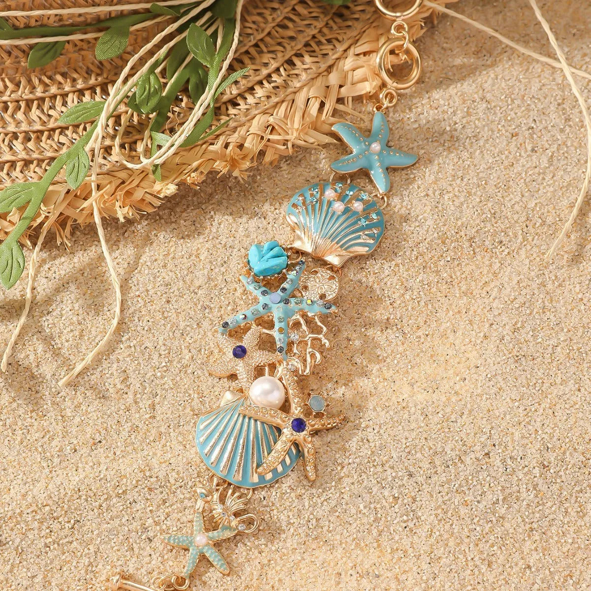 Alloy rhinestone marine bracelet with starfish design in turquoise, coral red, or coral blue for women's holiday wear