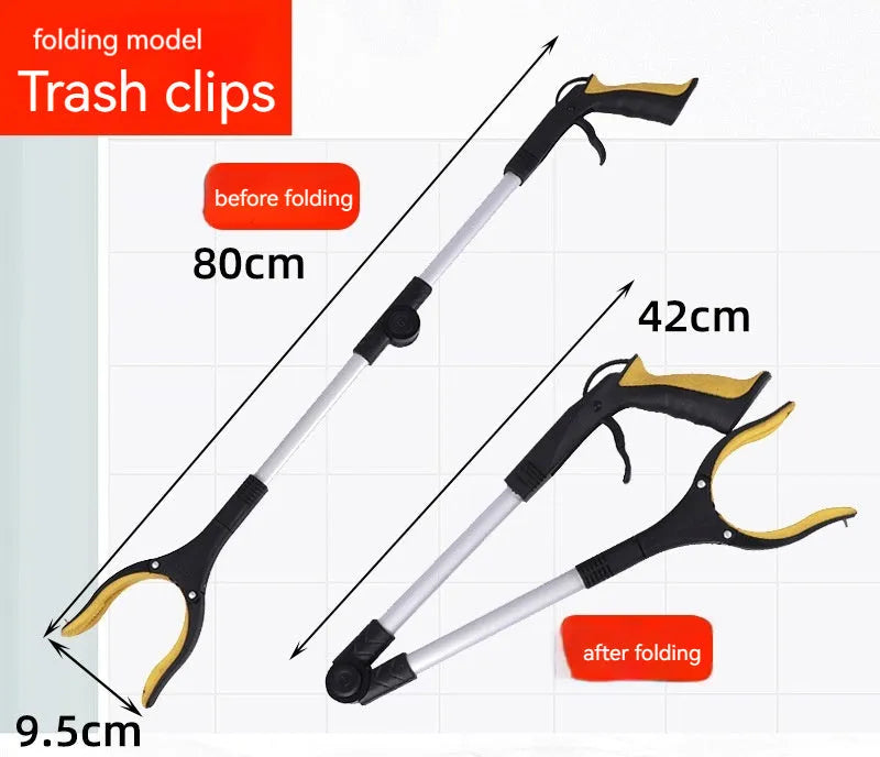Foldable aluminium garbage clamp with extended pole and magnet sucker on blue handle.