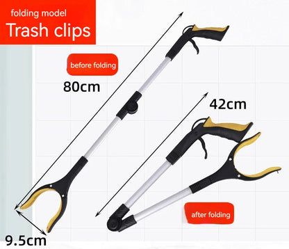 Foldable aluminium garbage clamp with extended pole and magnet sucker on blue handle.