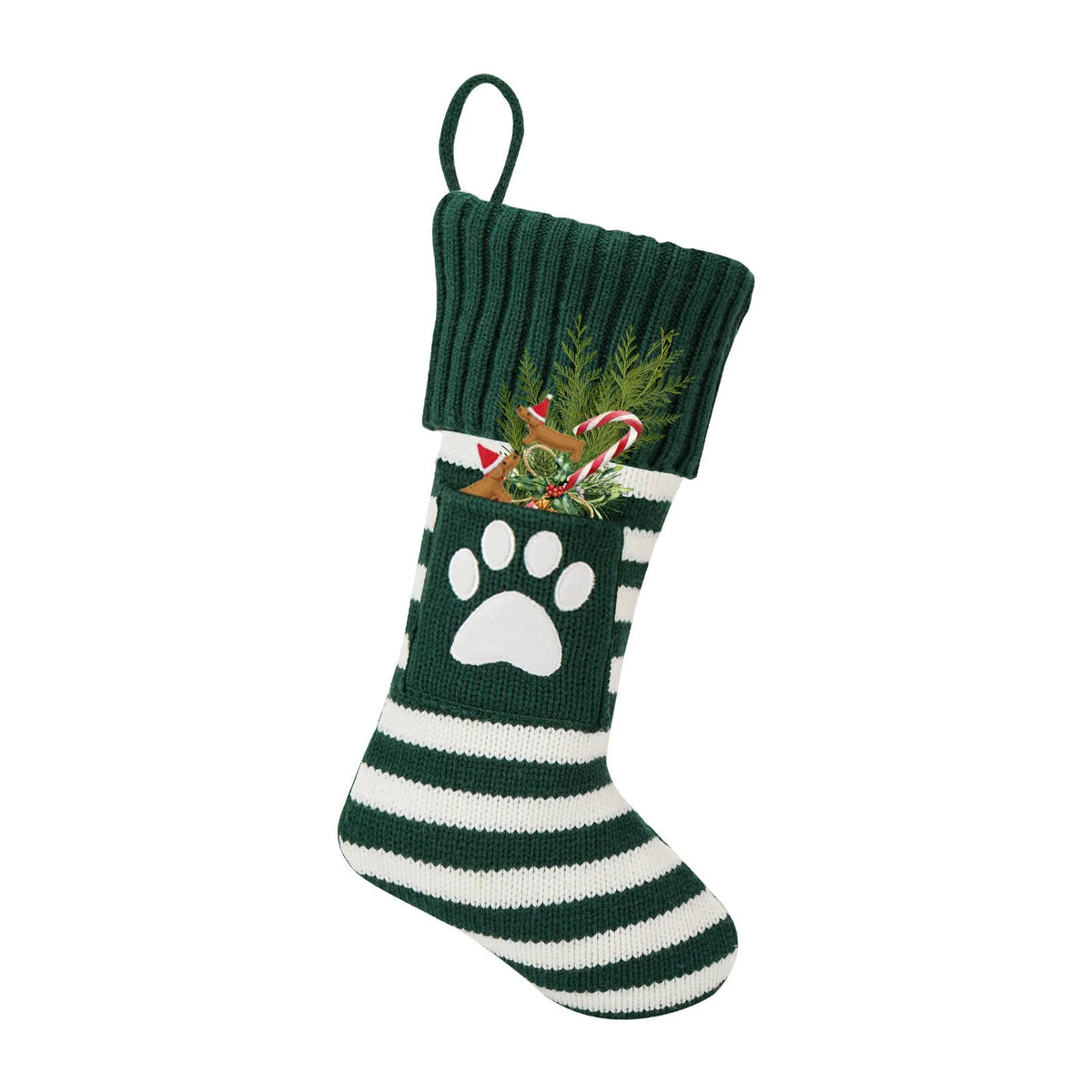 Knitted Christmas cat and dog socks in a gift bag, one pair, with red dog's paw, snowflake, green tree, or red elk patterns.