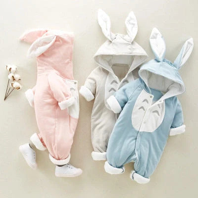 Cozy cotton baby romper with plush hooded design, available in pink, gray, and blue colors and various sizes