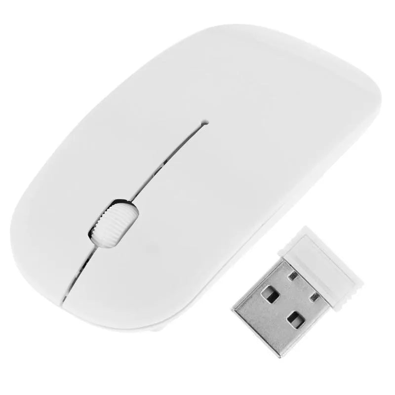 Thin wireless mouse in black, blue, green, pink, purple, red or white, with 10m range and adjustable dpi.