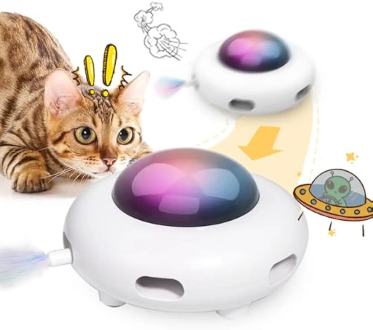 White automatic cat toy with colourful feathers and cleaning ring attachment on floor