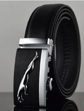 Men's black leather belt with automatic buckle mechanism showing 3.5cm width