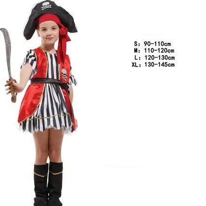 Halloween children's pirate costume with multiple character options and sizing guidance