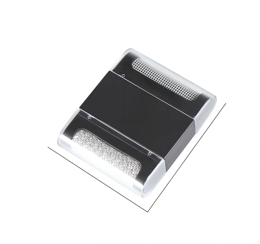 Portable manual fabric cleaning brush with removable catching net, 6.4 cm wide plastic construction