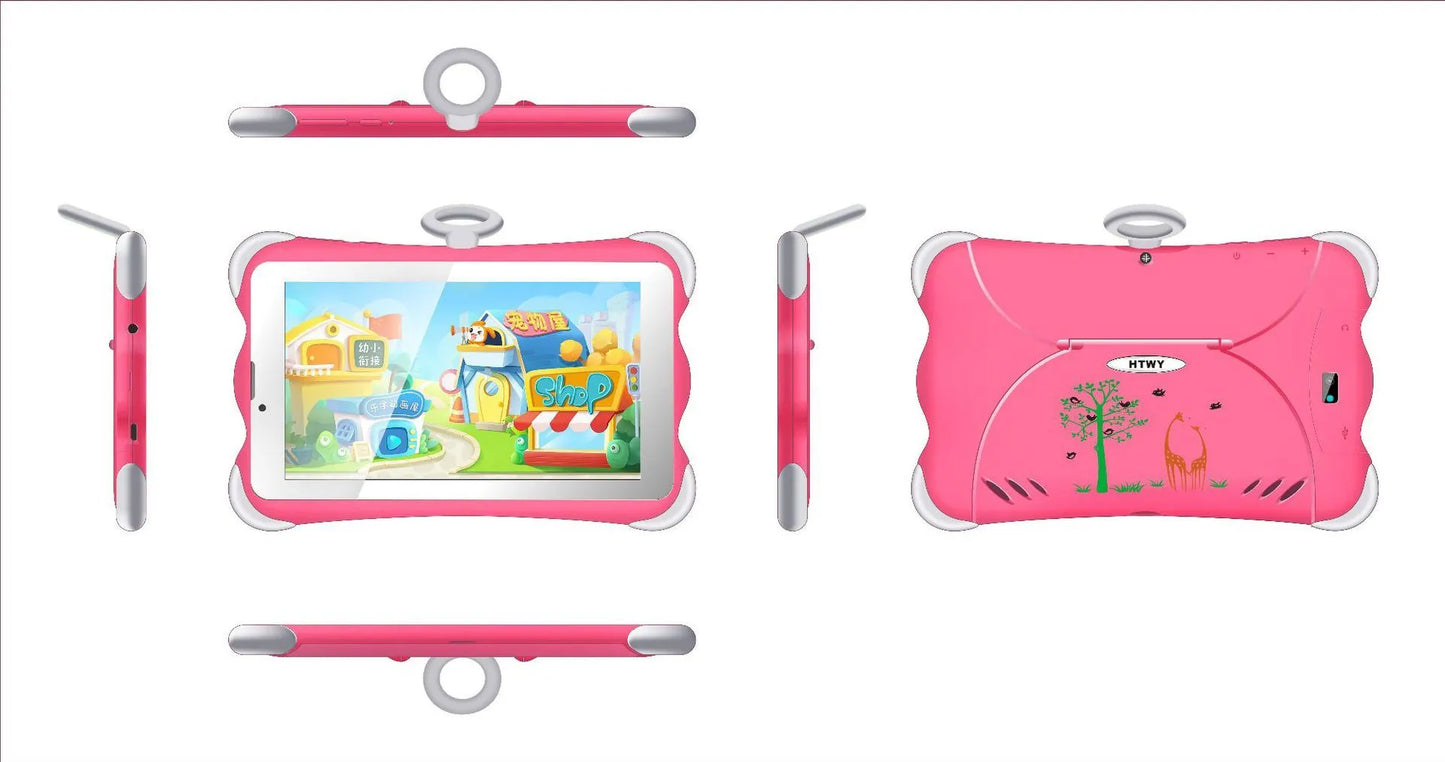 A 7-inch children's learning tablet in a cartoon colour, shown with its stand, charger, and cable.