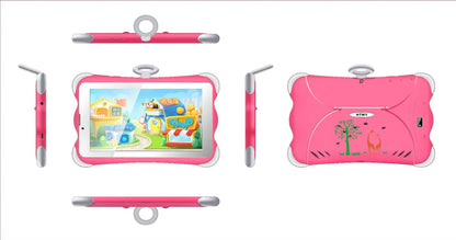 A 7-inch children's learning tablet in a cartoon colour, shown with its stand, charger, and cable.