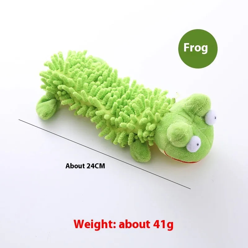 Plush horse molar dog toy in various animal colour designs including brown dog and yellow duck.