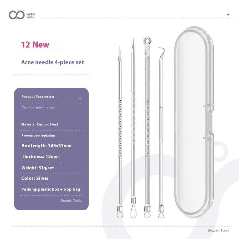 4-piece silver metal acne needle set for blackhead extraction with ultra fine pointed tips